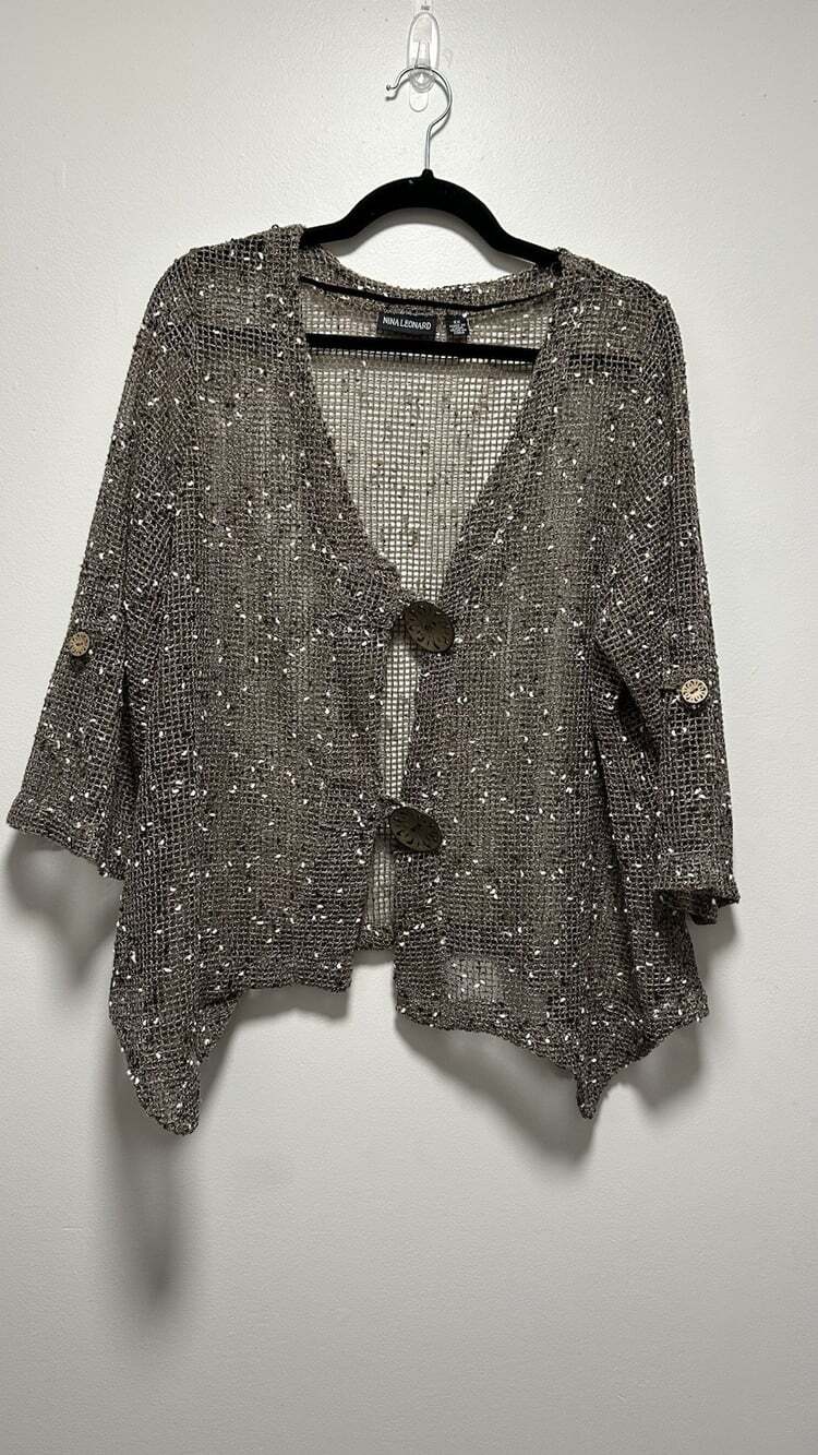 Nina Leonard 3/4 Sleeve Coconut Button Cardigan Women's Size 2X Boho Artsy